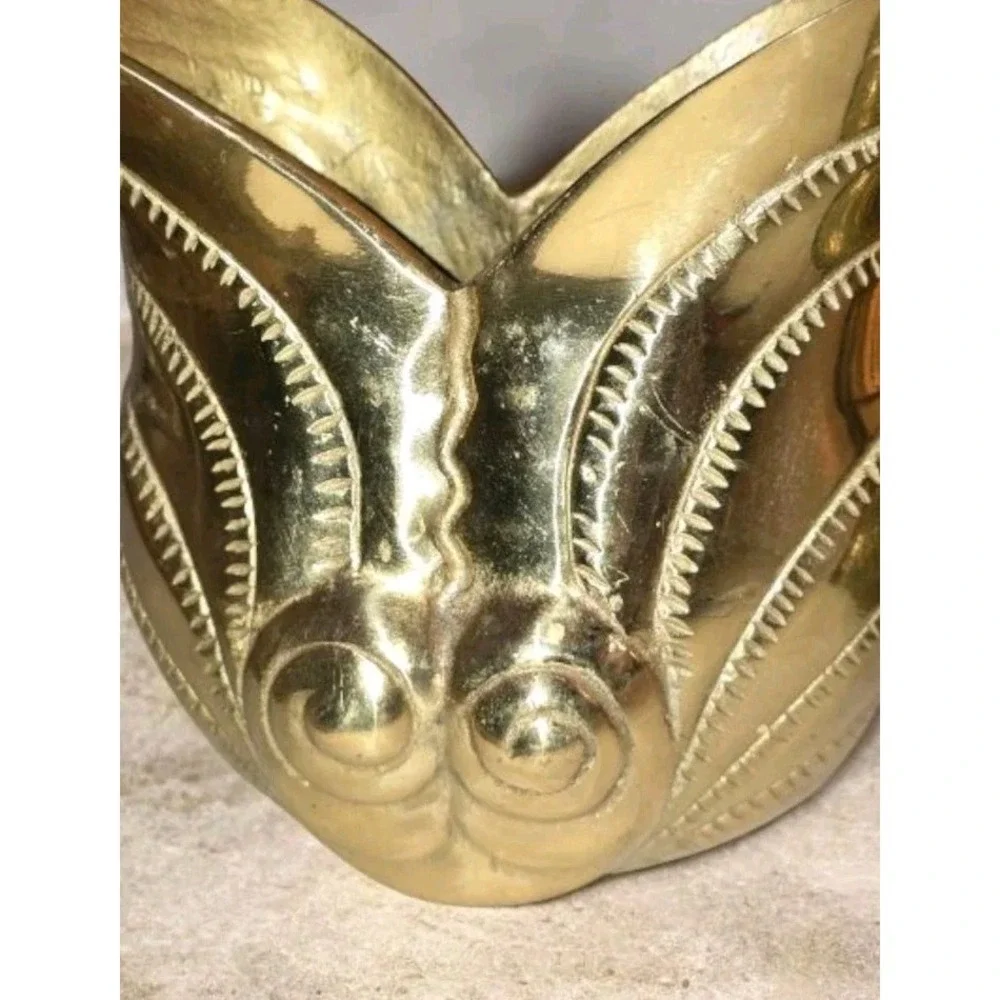 VTG 1970's Gold Brass Nautilus‎ Vase Art Deco Etched Flared Planter Boho Decor